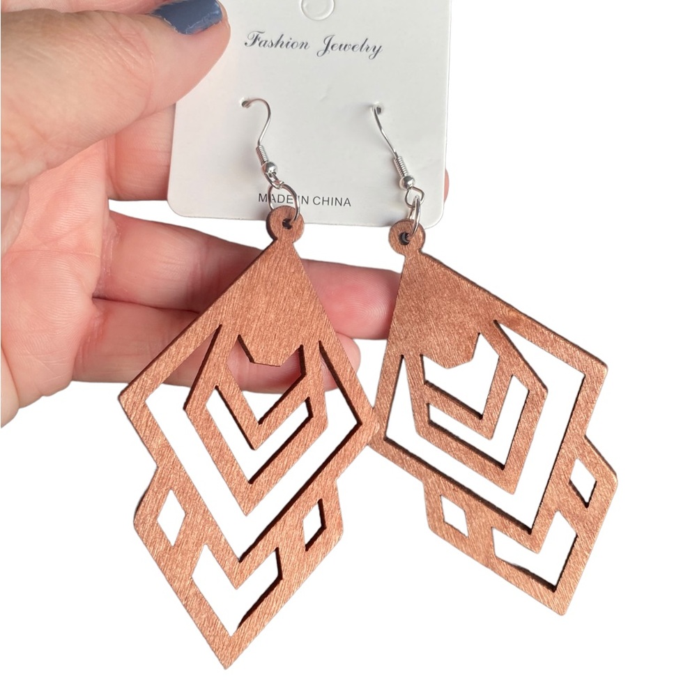 Boho Wood Diamond Cutout Brown Drop Warrings